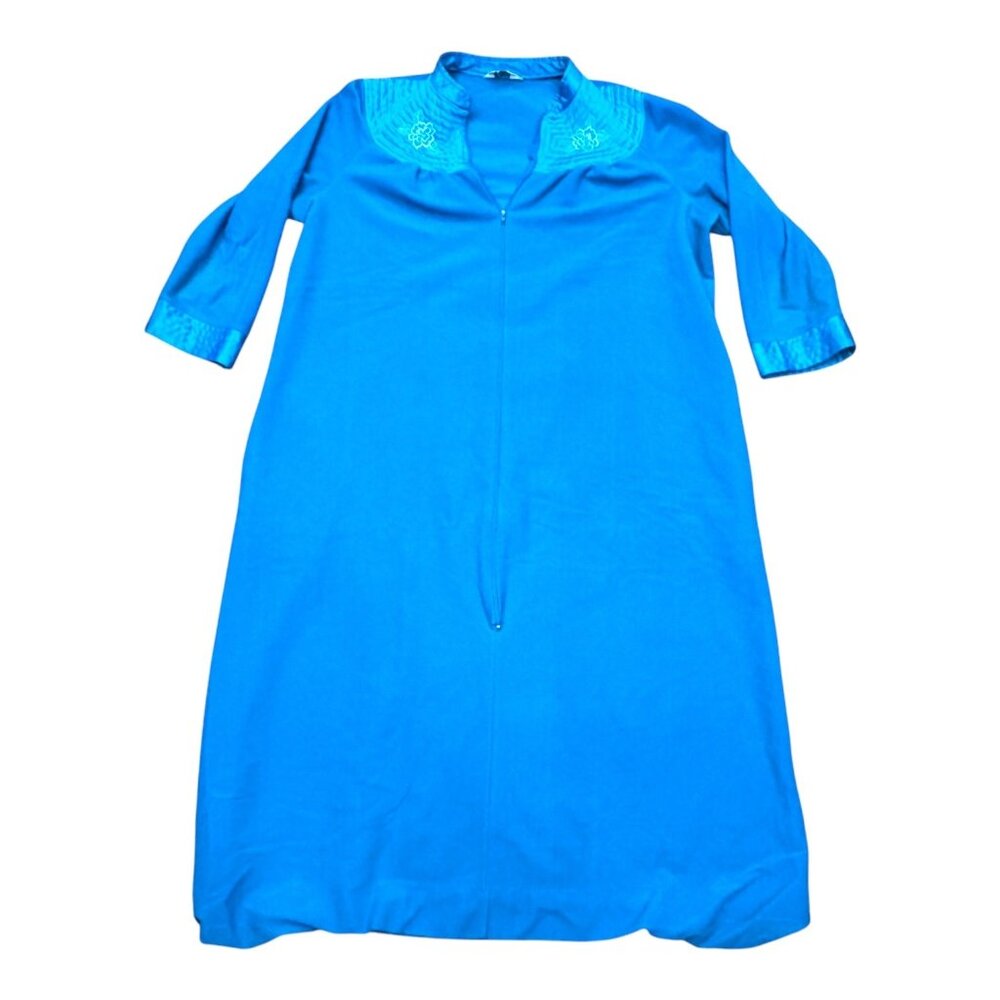 Kaysar Blue Embroidered Housecoat Robe Nightgown Floral Kaftan Dress L 44" Long
